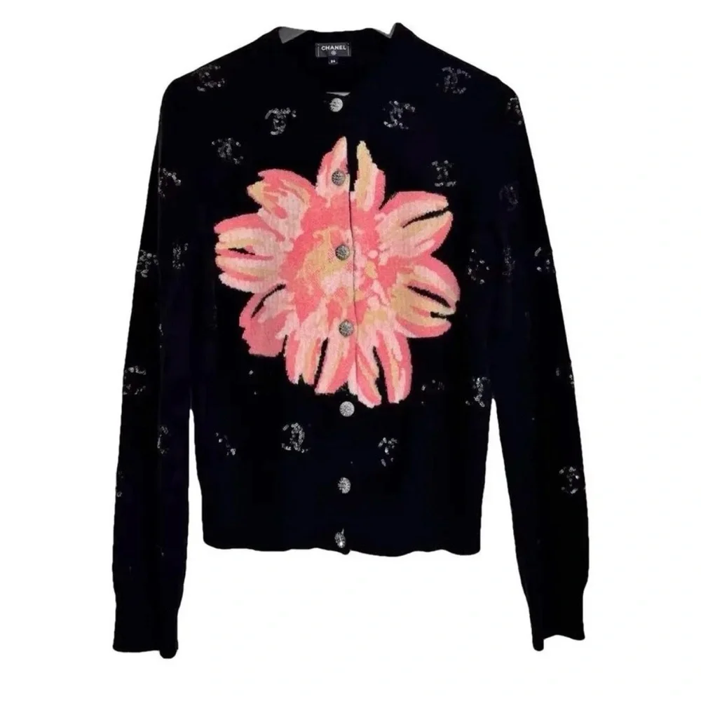 CHANEL Black Cardigan with Pink Floral Motif. 2024, 100% Cashmere, FR 36, US S